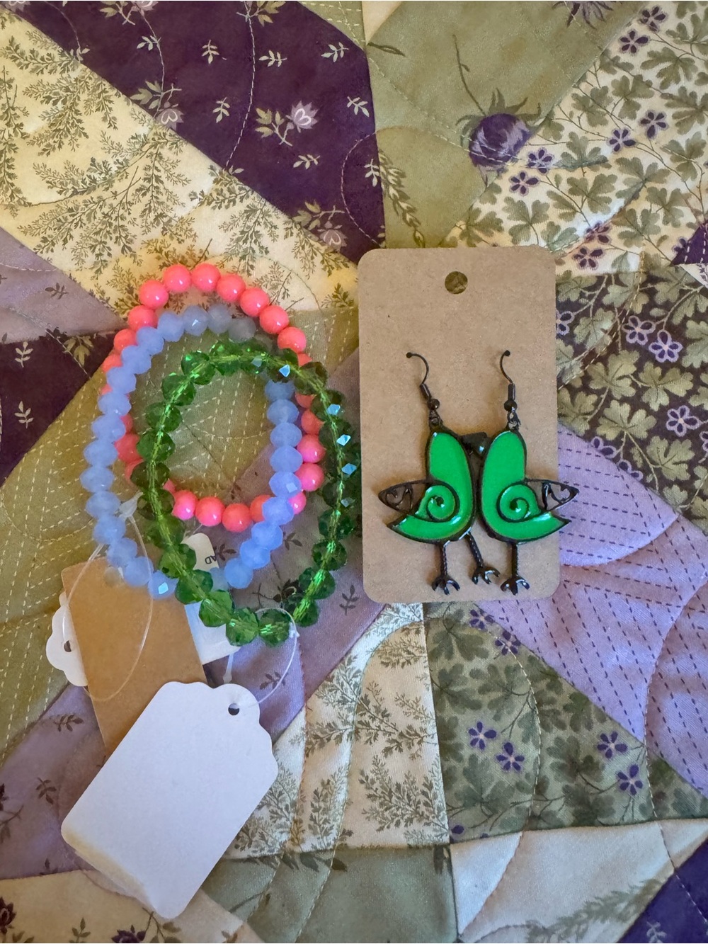 Green Bird Dangle Earrings with Neon and Pastel Bead Bracelet Set